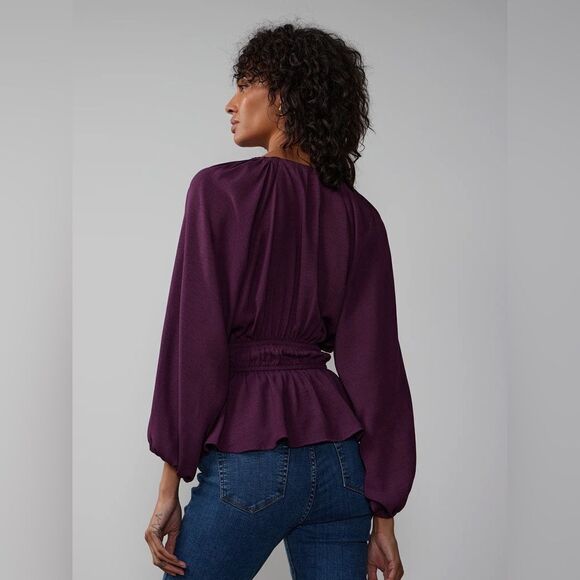 Purple/Magenta Long Sleeve V-Neck Peplum Waist Top w Bubble Sleeves Ruched Waist - Picture 3 of 4